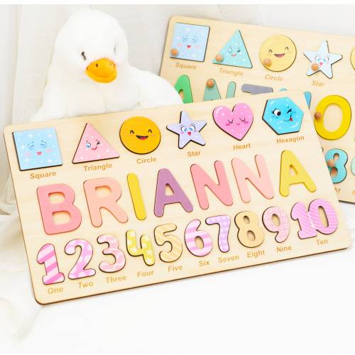 Preschool Educational Name Puzzle Gift for Boys & Girls, Custom Name Puzzle with Numbers and Geometry Shapes, Free Back Engraving Baby Gift