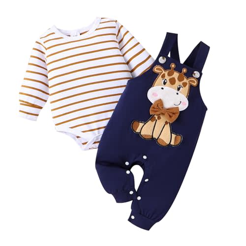 TOKIAGO Baby Boy Clothes Newborn Outfits Fall Winter Striped Romper Infant Cartoon Overall Adjustable Suspender Pants Set