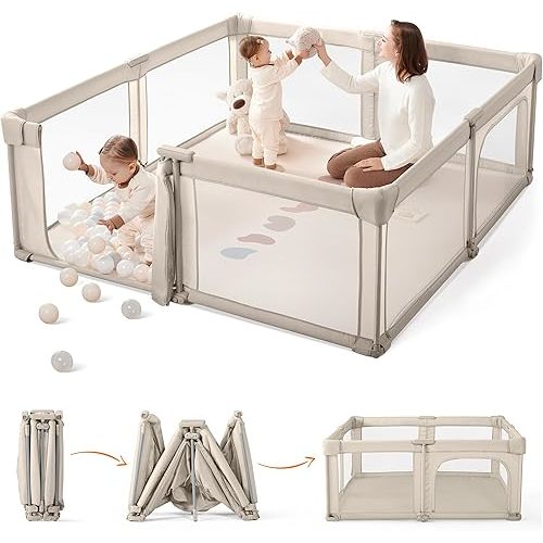 Sweeby Baby Playpen, 79x71 Inch Baby Gate Playpens for Babies and Toddlers, Extra Large Playpen with Door Play Yard for Fence Indoor and Outdoor Play Pen,Light Khaki