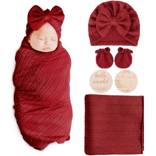 AQOKKA Newborn Receiving Blanket Wheat-Pattern Baby Girl Swaddles Wraps with Bow Hat Mittens Wooden Card for Newborns Toddler Gift Baby Essentials