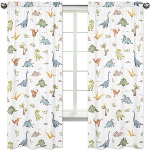 Sweet Jojo Designs Watercolor Dinosaur Dino Boy Window Curtains Treatments Panels Drapes Baby Nursery Kids Bedroom Kitchen Living Room Coverings Set of 2 Green Blue White Modern Jurassic Nature Animal