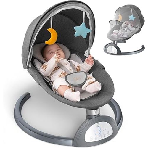 Baby Swing, Bimuva Electric Baby Swing for Infants to Toddler, Bluetooth Baby Rocker with Music Speaker, Protable Bouncer for Baby, 5 Sway Speeds 3 Seat Positions, Remote Control for Indoor, Boy, Girl
