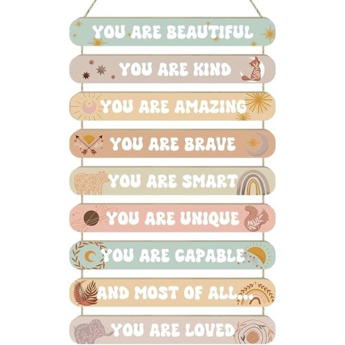 MONALET Boho Inspirational Motivational Wall Art Decor for Girls Room Nursery Baby Kids Playroom Bedroom Door, Positive Affirmations Hanging Wood Signs Decorations, Girly Wooden Plaque, 12x19