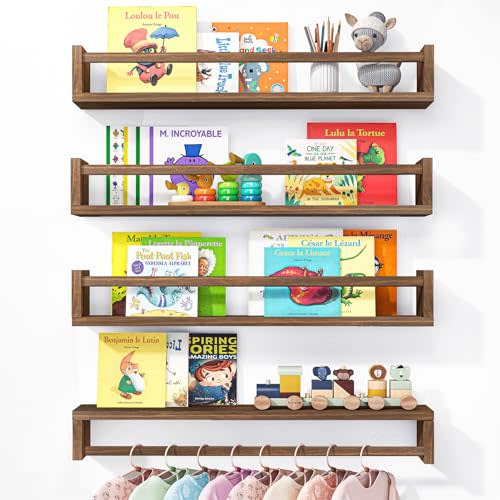 Fixwal Nursery Book Shelves, 23.6 Inch Floating Bookshelves for Wall Set of 4, Baby Nursery & Playroom Decor, Solid Wood Wall Mounted Shelves for Books and Toys Storage (Brown)
