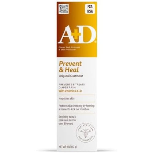 A+D Original Diaper Rash Ointment Prevents & Treats Diaper Rash, Moisturizing Skin Protectant with Vitamins A & D, Healing Skin Ointment for Dry and Cracked Skin 4oz