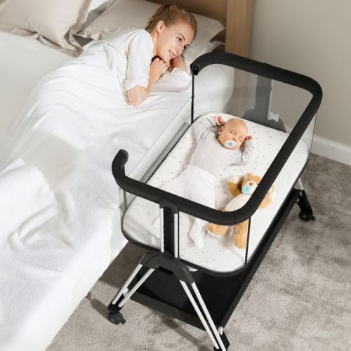 Fodoss Baby Bassinet Bedside Sleeper with Wheels & Storage Tray, Portable Crib for Newborns