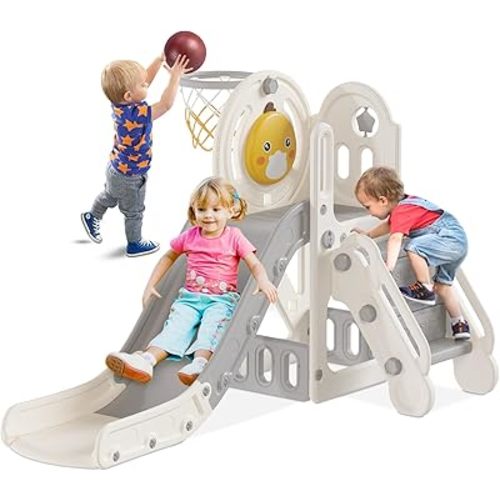 BIERUM 5 in 1 Toddler Slide, Slide for Toddlers Age 1-3 with Basketball Hoop and Ball, Slide for Kids, Indoor Outdoor Backyard Playground Cute Duck Theme Baby Slide Toy White Gray