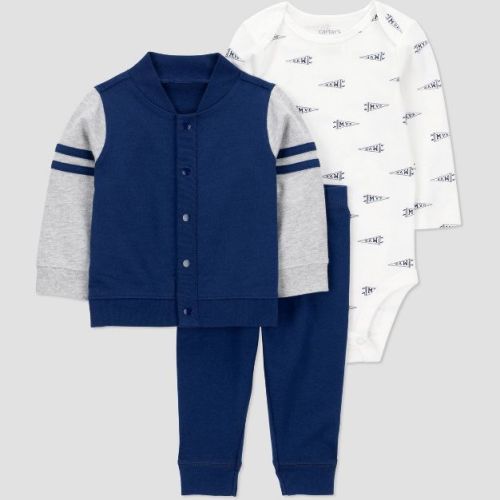 Carter's Just One You® Baby Boys' 3pc Varsity Hooded Zip-Up Sweatshirt with Bodysuit and Jogger Pants Set - Blue 3M