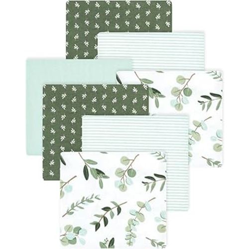 Little Treasure Hudson Baby Cotton Poly Flannel Receiving Blankets Multipack, Green Eucalyptus, 30x30 inches