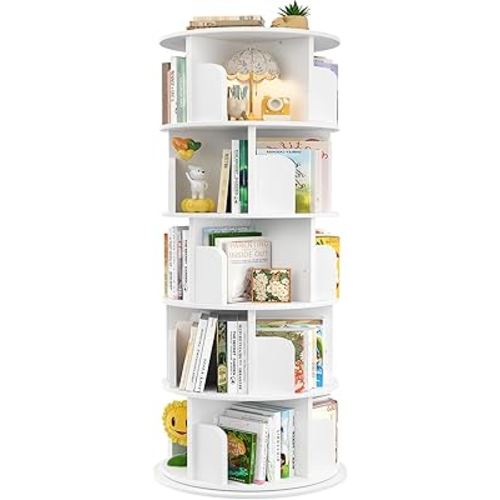 Aheaplus Rotating Bookshelf, 360 Display Wood Spinning Bookshelf Tower, 5 Tier Floor Standing Bookcase Storage Rack, Revolving Bookcase Corner Bookshelfs for Small Space, Bedroom, Study Room, White