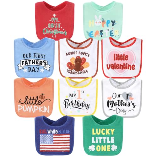 The Peanutshell Baby Boy or Girl Terry Bibs Set of 10-100% Cotton, Soft, Absorbent Baby Bibs, Unisex Toddler Boy or Girl Set, Newborn & Infant - Holiday