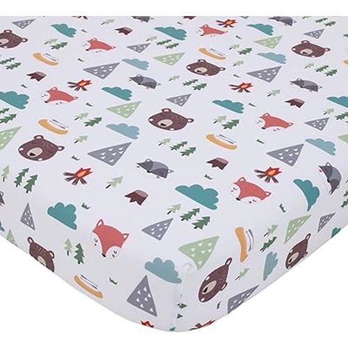 NoJo Retro Happy Camper Green, Aqua, Orange & White Fitted Nursery Crib Sheet, Green, Aqua, Orange, Grey