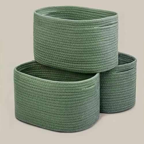 Green Woven Basket for Organizing Storage Basket, Cube Shelf Closet Storage Baskets Set 3, Long-lasting & Skin-friendly Toy Storage Basket Bin, Stylish Decor Basket, Cotton Rope Basket