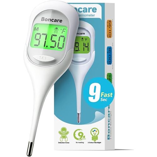 Boncare 9 Seconds Digital Basal Thermometer for Adults and Kids - Accurate Oral Thermometer with Fever Alarm, Rectal Thermometer for Baby with Large Display (Rice-White)