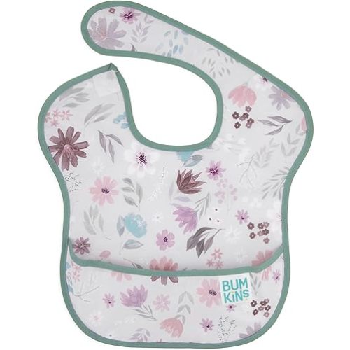 Bumkins Bibs for Girl or Boy, SuperBib Baby and Toddler for 6-24 Mos, Essential Must Have for Eating, Feeding, Baby Led Weaning Supplies, Mess Saving Catch Food, Waterproof Soft Fabric, Gray Floral