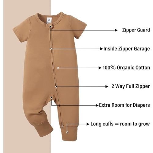 OPAWO Footless Pajamas Baby Boy Summer Romper Double Zipper Sleepers Baby Girl Organic Newborn Onesies Jumpsuit 0-12 Months - 3-6 Months - Brown 1