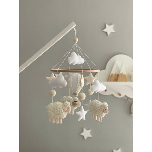 Personalized Boucle Sheep and Balloon Baby Nursery Mobile, Neutral Mobile, Clouds Mobile, Felt Star Mobile, Mom Gift Postpartum, Crib Mobile