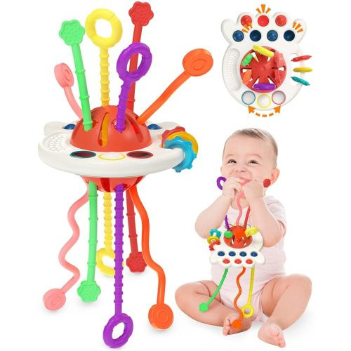 Yetonamr Baby Sensory Montessori Toy for 6-12-18 Months, Pull String Silicone Teething Toy, Birthday Gift Travel Toy for 1 2 Year Old Boy Girl Infant Toddlers 8 9 10 Months Old - Red
