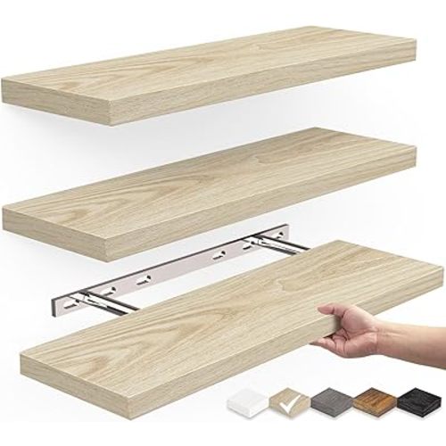 BAYKA Rustic Wood Floating Shelves, Wall Mounted, Set of 3, 16 Inch, 22 lbs Capacity - for Bathroom, Bedroom, Living Room, Kitchen Storage and Decor