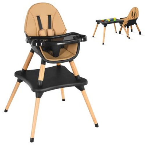 5-in-1 Convertible Wooden Highchair for Infant, Toddler Chair w/Safety Harness, 4-Position Removable Feeding Tray (Coffee)