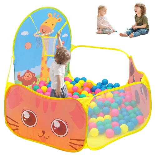 Yunnyp Kids Ball Pit,Portable Play Pool Tent for Kids,Baby Crawl Playpen with Basketball Hoop, Portable Toys for Girls Boys, Balls Not Included, Animal,Yellow