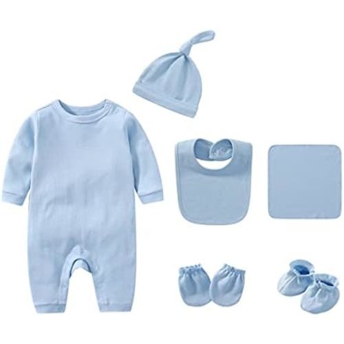 Infant Romper+Burp Cloth+Bib+Mittens+Shoes+Cap Set Breathable Healthy Fabric Tops for Baby