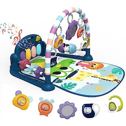 dearlomum Baby Play Mat Baby Gym,Funny Play Piano Tummy Time Baby Activity Mat with 5 Infant Sensory Baby Toys, Music and Lights Boy & Girl Gifts for Newborn Baby 0 to 3 6 9 12 Months(New Blue)
