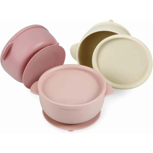 3 Pack Baby Bowls with Suction| Leak-Proof Stay Put Silicone Food Bowl with Lids for Babies Kids Toddlers Infants| Food Grade Soft Safe BPA-Free Silicone (Pink Rose Linen)