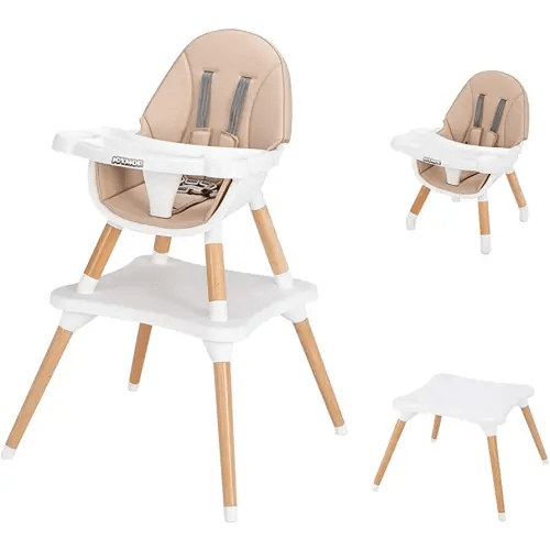 JOYMOR 5-in-1 Baby High Chair for Infants to Toddler, 4-Position Adjustable Wooden Eating Highchair with Leather Seat Cushion, Convertible Kids Table and Chair Set