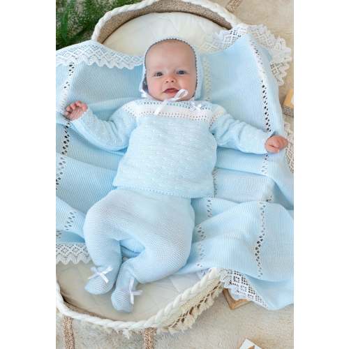 Chest Stripe OpenWork Detail Baby Knitted Set In Blue and White
