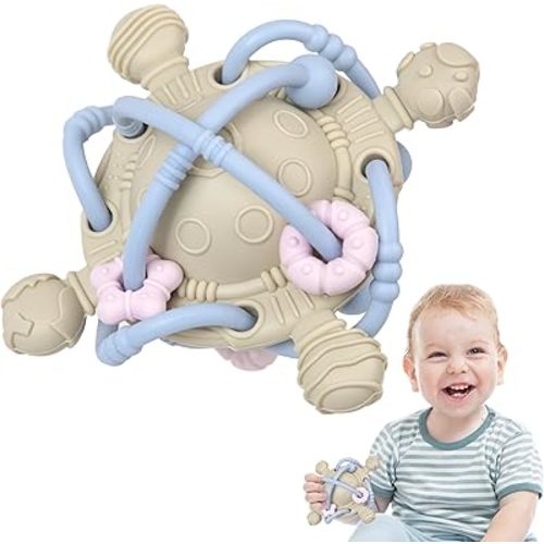 Baby Teething Toy - Teether Ball with Rattle - Fun & Safe Teether Toy for Babies' Sore Gums & Early Development - Food Grade Silicone - Yellow