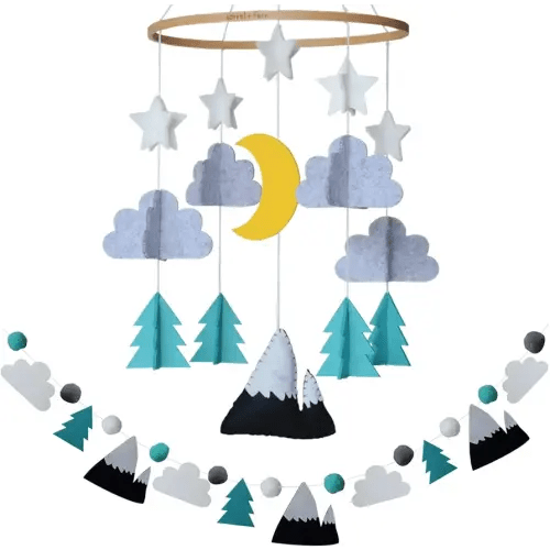 Baby Crib Mobile (Starry Woodland Night w/Garland, Mint) - Nursery Decoration Crib Mobile and Baby Shower for Boys & Girls