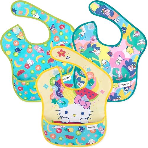 Bumkins Bibs for Girl or Boy, SuperBib Baby and Toddler 6-24 Months, Essential Must Have for Eating, Feeding, Baby Led Weaning Supplies, Mess Saving Catch Food, Fabric 3-pk Hello Kitty and Friends