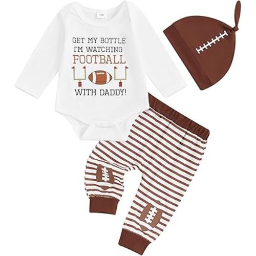 Lamuusaa Newborn Baby Boy Football Outfit Long Sleeve Football Letter Print Romper Stripe Long Pants Hat Fall Clothes