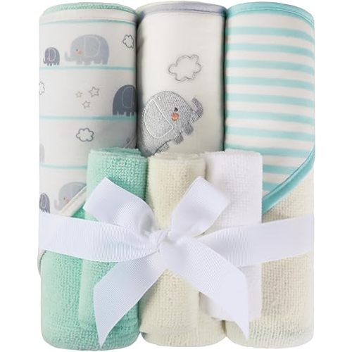 Softan Baby Hooded Towels and Washcloths Set 6 Pack, 28x28 Ultra Soft & Absorbent Baby Bath Towels for Newborn Infant Toddler, Unisex Boys Girls (Green Elephant)