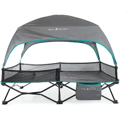 Baby Delight Go with Me Bungalow Deluxe Portable Cot, Toddler Travel Bed, Indoor and Outdoor, Sun Canopy, Grey & Teal