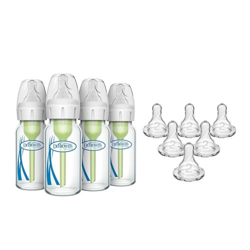 Dr. Brown’s Anti-Colic Narrow Glass Baby Bottles 4 oz 4-Pack with Level 1 Nipples + Level 2 Medium Flow Narrow Silicone Nipples 6-Pack Bundle, BPA Free, 0m+ and 3m+
