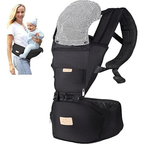 FRUITEAM 6-in-1 Baby Carrier with Waist Stool/Hip Seat for Breastfeeding, One Size Fits All - Adapt to Newborn, Infant & Toddler (Cool Black)