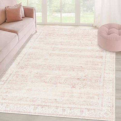 Nursery Rug for Baby Girl Neutral Blush Pink Boho Floral Washable Soft Faux Wool Area Rugs for Living Room Bedroom,5x8