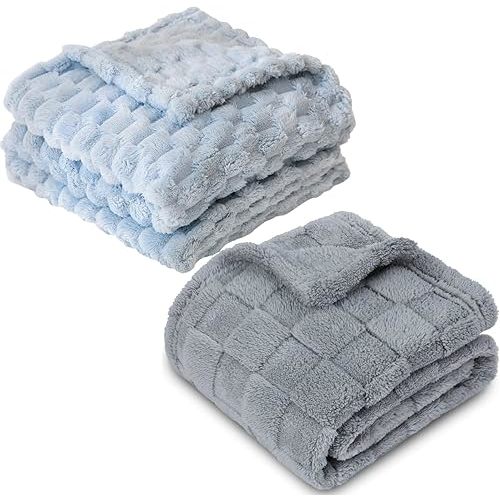 HOMRITAR 2 Pack 3D Jacquard Fluffy Fuzzy Blanket for Infant Blue + 3D Chessboard Grid Fleece Fluffy Toddlers Blanket Grey 30 x 40 Inches