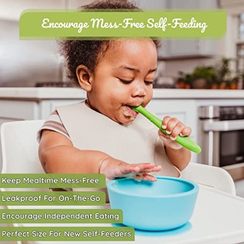WeeSprout Suction Bowls for Baby & Toddlers (Set of 2) - 100% Silicone w/Plastic Lid - Leak Proof Feeding Supplies - Dishwasher & Microwave Safe Infant Dinnerware w/Extra Strong Base - Muted Dark Gray + Muted Green