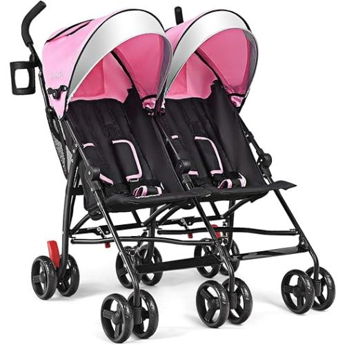 BABY JOY Double Light-Weight Stroller, Travel Foldable Design, Twin Umbrella Stroller with 5-Point Harness, Cup Holder, Sun Canopy for Baby, Toddlers (Pink)