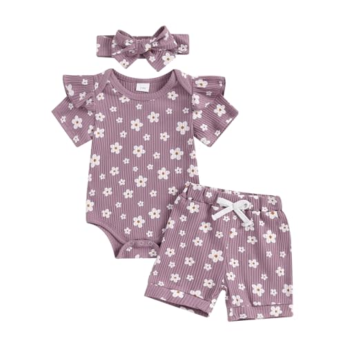 Newborn Baby Girl Clothes Summer Knit Ribbed Floral Print Short Sleeve Romper Shorts Headband Outfit Set