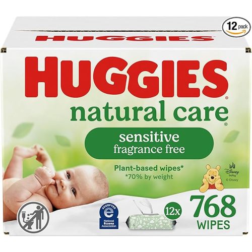 Huggies Natural Care Sensitive Baby Wipes, Unscented, Hypoallergenic, 99% Purified Water, 12 Flip-Top Packs (768 Wipes Total), Packaging May Vary