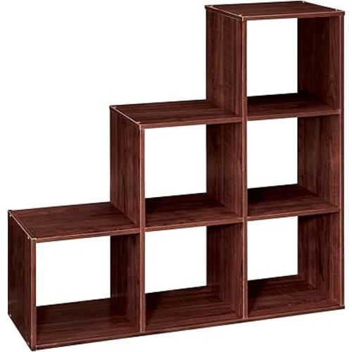 ClosetMaid Cubeicals 3-2-1 Cube Storage Shelf Organizer Bookshelf, 3 Tier, Steps, Corner Unit, Easy Assembly, Wood, Dark Cherry Finish
