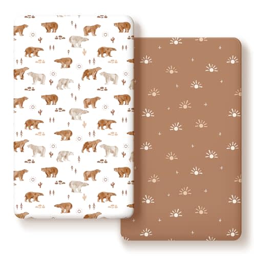 GRSSDER Stretchy Ultra Soft Jersey Knit Fitted Crib Sheets Set 2 Pack, Fit All Standard Crib Mattress Pads Safe and Snug, Crib Fitted Sheet for Boys and Girls, Stylish Print of Sunny Bear