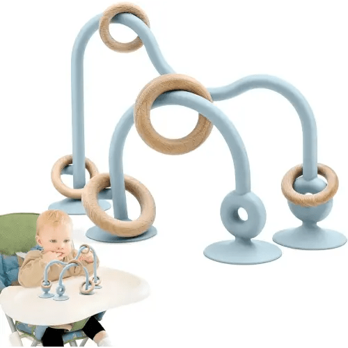 Baby Sensory Teething Chew High Chair Suction Toys for Infant Toddlers 6 12 18 24 Months, Food Grade Silicone Teether with Oak Loop Montessori Educational Parent-Child Baby Bath Toy (Blue)