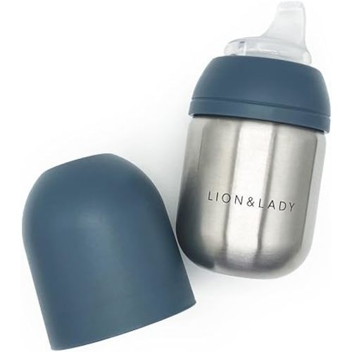 Lion & Lady Stainless Steel Toddler Spout Bottle Sippy Cup, 210ml 18/8 Brushed Steel Toddler Spout Bottle - BPA-Free, BPS-Free, Recyclable, Adaptable Baby Sippy Cups 6-12 Months (Navy)