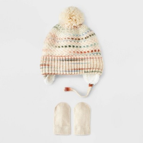 Baby Striped Pom Hat and Mitten Set - Cat & Jack™ Cream Newborn