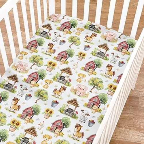 Cute Farm Animals Fitted Baby Crib Sheet Girl Boy 52"x28" Farm Chicken Lamb Pig Dog Horse Barn Sunflower Crib Mattress Cover Spring Farm Life Soft Baby Sheet for Standard Crib and Toddler Bed Mattress
